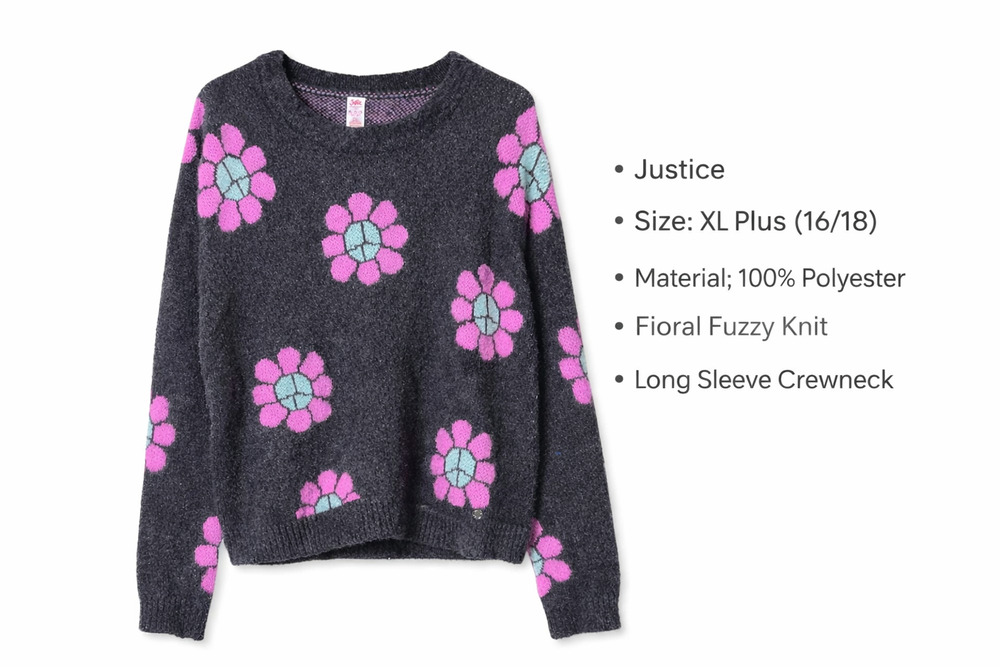 Justice Girls XL Plus 16 18 Black Floral Fuzzy Knit Sweater Pink